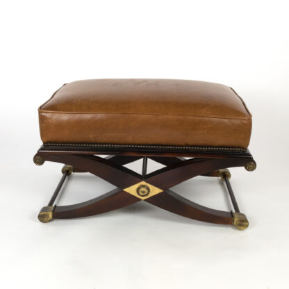 Spanish Savonarola Style Bench With Brown Leather Top, Over An X-Form Base, 20th Century.
