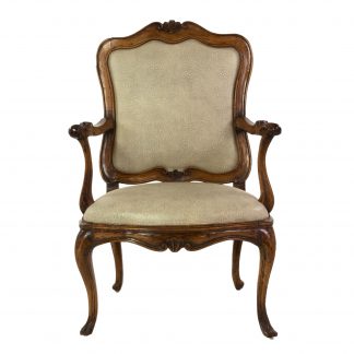 Handsome Louis XV Carved Walnut Fauteuil, Circa 1750, Upholstered In Faux Shagreen And Linen.