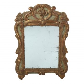 Early 18th Century French Baroque Green Paint And Parcel Gilt Mirror Frame With Mercury Plate French Circa 1720