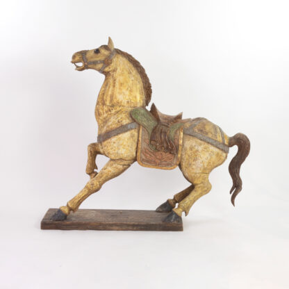 Large Scale Carved Polychromed Prancing Horse With Saddle, Chinese Circa 1900.