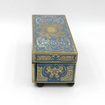 Side view: Antique Boulle Glove Box in blue enamel, French 19th century