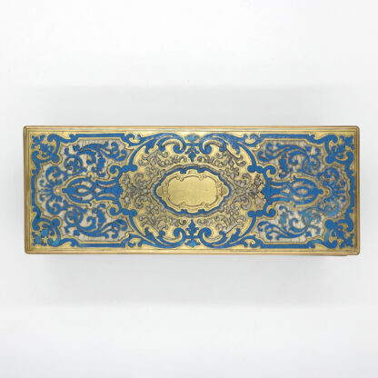 Ornate Lid of Antique Boulle Glove Box in blue enamel, French 19th century