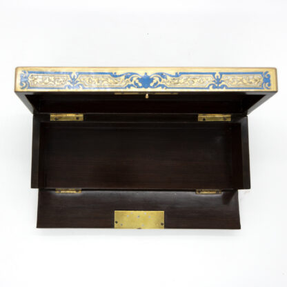 Opened Antique Boulle Glove Box in blue enamel, French 19th century