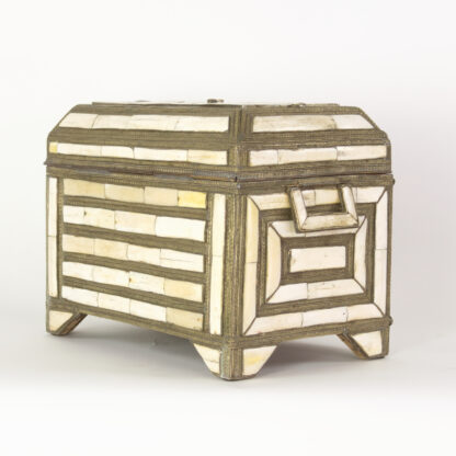 Large Antique Moroccan Camel Bone and Silvered Brass Chest, Mid 19th Century.