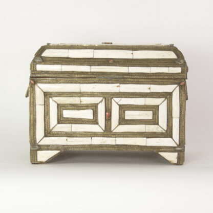 Large Antique Moroccan Camel Bone and Silvered Brass Chest, Mid 19th Century.