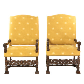 Pair Of Heavily Carved Dutch Baroque High Back Upholstered Arm Chairs, Holland Circa 1690.