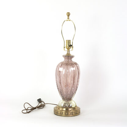 Rose Colored Murano Glass Lamp With Silver Leaf Inclusions On A Brass Base, Italy Circa 1950