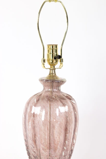 Rose Colored Murano Glass Lamp With Silver Leaf Inclusions On A Brass Base, Italy Circa 1950