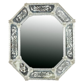 Octagonal Venetian Glass Mirror With Etched Decorations, Italy Circa 1950.