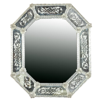Octagonal Venetian Glass Mirror With Etched Decorations, Italy Circa 1950.