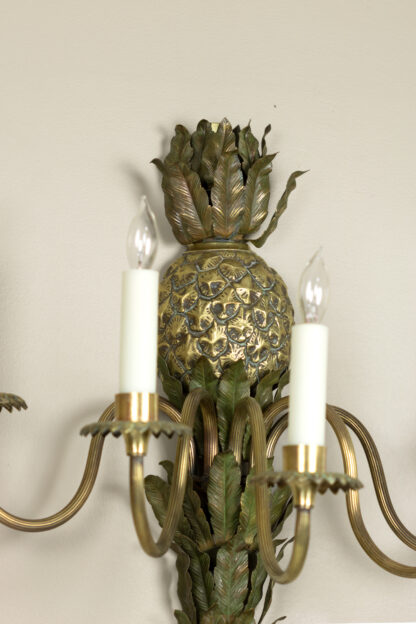 Pair of 5-Light Gilt Bronze and Verte Gris Pineapple Sconces Attributed to Maison Charles, French Circa 1970.