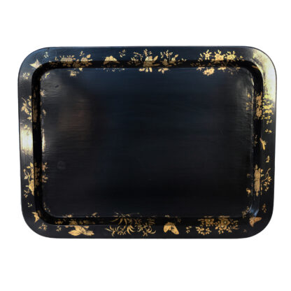 English Victorian Rectangular Black & Gold Tole Tray Table Top on Later Faux Bamboo Base, Circa 1890