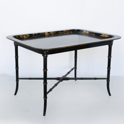 English Victorian Rectangular Black & Gold Tole Tray Table Top on Later Faux Bamboo Base, Circa 1890