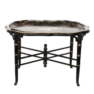 English Victorian Scalloped Edged Painted Papier Mache Tray Table Top on Later Faux Bamboo Base, Circa 1860