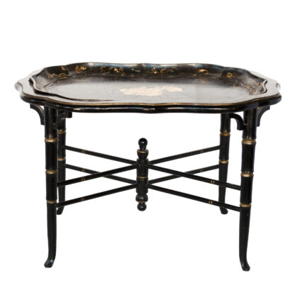 English Victorian Scalloped Edged Painted Papier Mache Tray Table Top on Later Faux Bamboo Base, Circa 1860