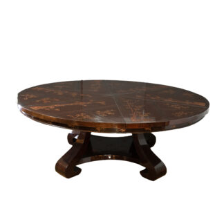 Extraordinary Jupe Style Expandable Round To Round Dining Table In Red Lacquer Chinoiserie Finish, American 20th Century.