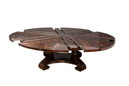 Extraordinary Jupe Style Expandable Round To Round Dining Table In Red Lacquer Chinoiserie Finish, American 20th Century.