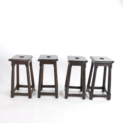 Set Of Four Rustic Oak Joinery Work Stools With Turned Legs, English Circa 1880.