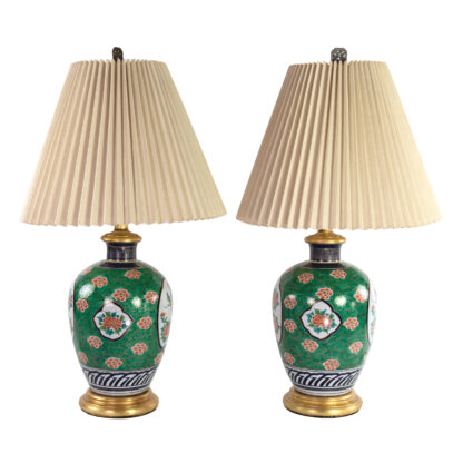 Pair Of Chinese Porcelain Green & Coral VasesWith Floral Decoration Mounted As Table Lamps, Chinese 20th Century.