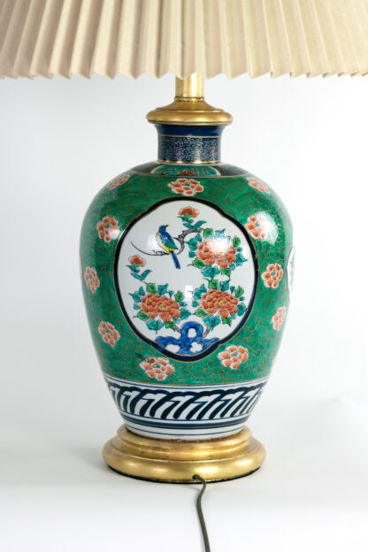 Pair Of Chinese Porcelain Green & Coral VasesWith Floral Decoration Mounted As Table Lamps, Chinese 20th Century.