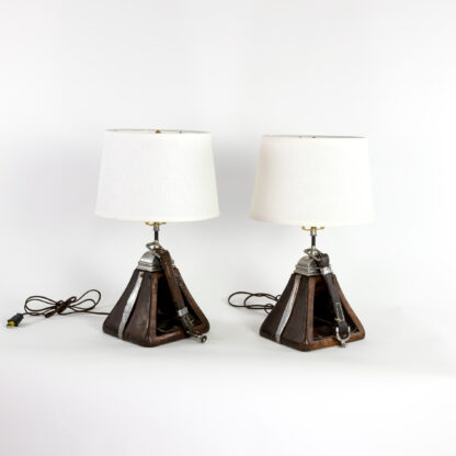 Pair Of Spanish Walnut, Leather & Nickleplate Ceremonial Stirrup Cups, Circa 1920, Mounted As Table Lamps