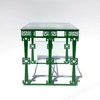 Green Painted Iron Art Deco Table With Greek Key Motif And Glass Top, French Circa 1930s.