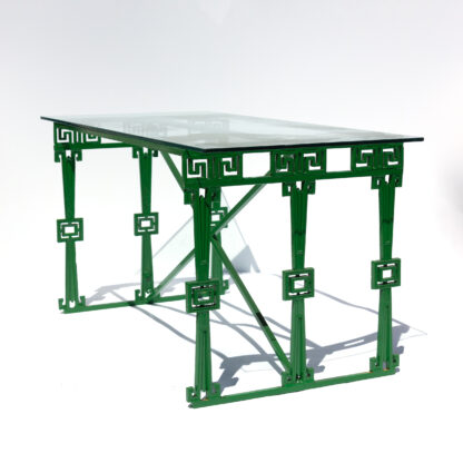 Green Painted Iron Art Deco Table With Greek Key Motif And Glass Top, French Circa 1930s.