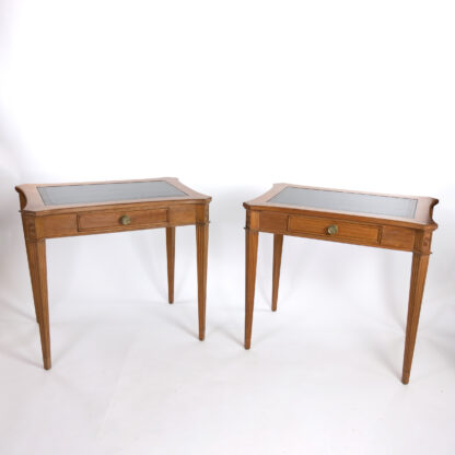 Pair Of Neoclassical Style Side Tables With Single Drawer Black With Embossed Leather Inset Tops American 20th Century