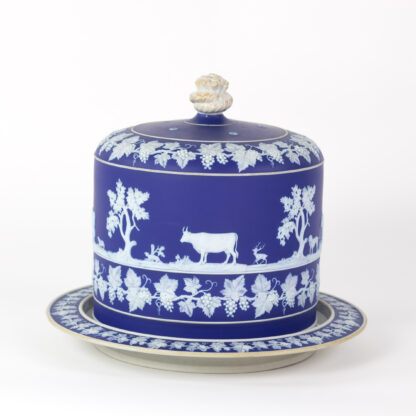 Blue Glazed Jasperware Cheese Dome And Plate By Wedgwood, English Circa 1890.