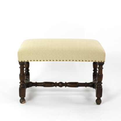 French Oak Upholstered Stool With Turned Stretchers, Circa 1860.