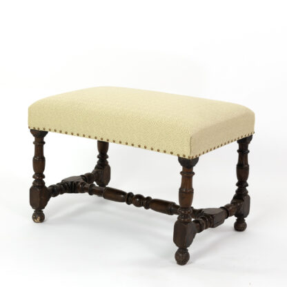 French Oak Upholstered Stool With Turned Stretchers, Circa 1860.