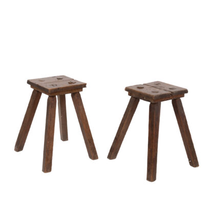 A Pair Of Country Work Stools With Square Patinated Pine Twin Planked Seats, English Circa 1870.