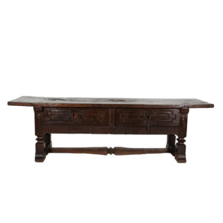 18th Century Spanish Oak Low Table With Two Carved Front Drawers With Original Iron Hardware, Spain Circa 1770.