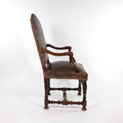 French Baroque Style Walnut Fauteuil Upholstered In Embossed Leather, Circa 1800