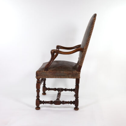 French Baroque Style Walnut Fauteuil Upholstered In Embossed Leather, Circa 1800