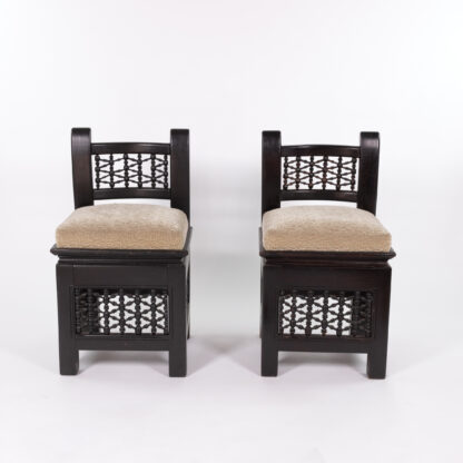 Pair Of Moorish Ebonized Low Chairs With Upholstered Seats, Morocco Circa 1920