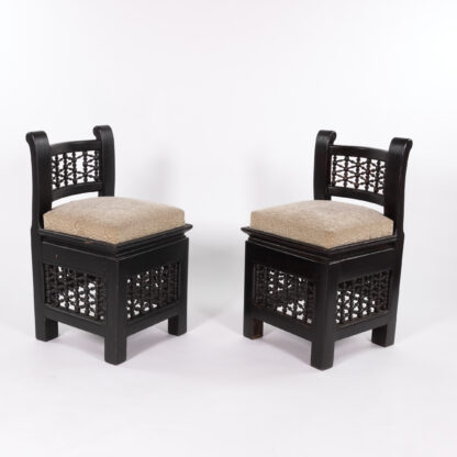 Pair Of Moorish Ebonized Low Chairs With Upholstered Seats, Morocco Circa 1920