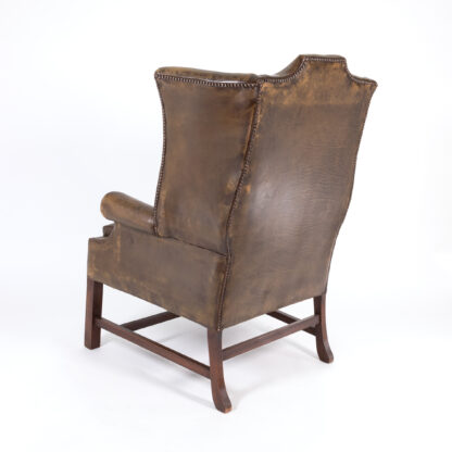 Dark Muddy Green Leather Wing Chair in the Georgian Style, English Circa 1890.