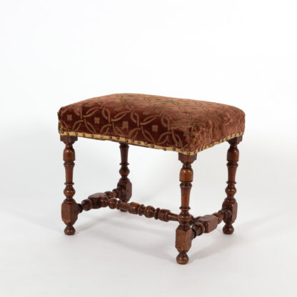 French Baroque Style Turned Walnut Stool Upholstered In Raised Velvet, French Circa 1850.