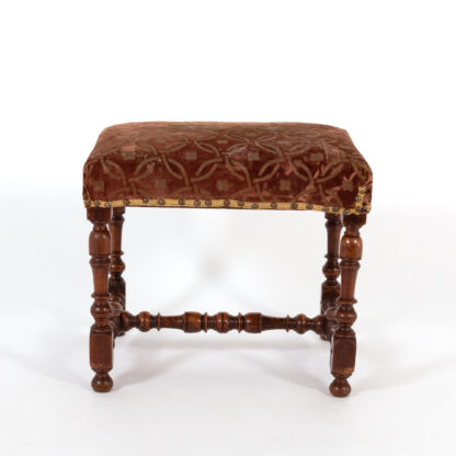 French Baroque Style Turned Walnut Stool Upholstered In Raised Velvet, French Circa 1850.
