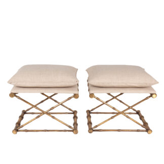 Gilt Metal Faux Bamboo Stools With Linen Upholstered Seats, 20th Century.