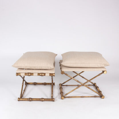 Gilt Metal Faux Bamboo Stools With Linen Upholstered Seats, 20th Century.