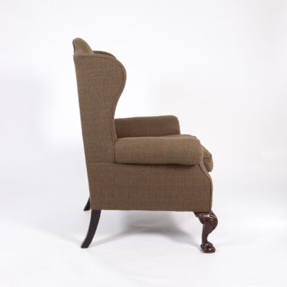 Pair of Wing Back Armchairs, Late 19th Century England, Featuring Mahogany Frames and Recently Reupholstered in Wool