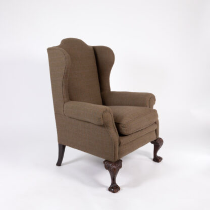 Pair of Wing Back Armchairs, Late 19th Century England, Featuring Mahogany Frames and Recently Reupholstered in Wool