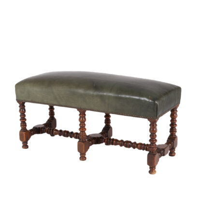 French Baroque Style Bench Upholstered In Green Leather, Circa 1880.