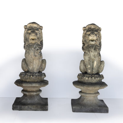 Pair Of Cast Stone Seated Lions On Square Plinths, English Circa 1900