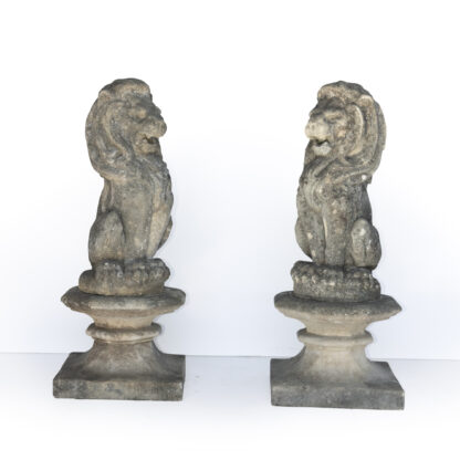 Pair Of Cast Stone Seated Lions On Square Plinths, English Circa 1900