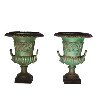 Pair Of Green Painted Cast Iron Garden Urns, English Circa 1890