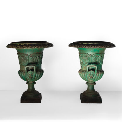 Pair Of Green Painted Cast Iron Garden Urns, English Circa 1890