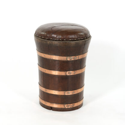 Copper Banded Oak Barrel Stool with Leather Top, English, Circa 1870